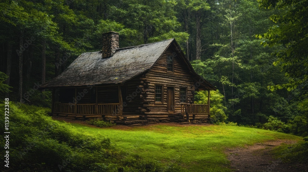 Rustic log cabin nestled in a lush forest. Rustic log cabin nestled in a lush forest.