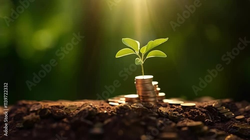 Wallpaper Mural A plant is growing out of a pile of coins. The coins are stacked on top of each other, ESG Environmental, social, and governance, carbon reduction net zero and climate change Torontodigital.ca
