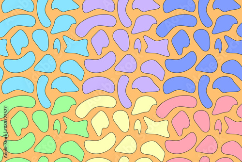 A seamless abstract pattern resembling colorful pebbles in pastel tones on an orange background.