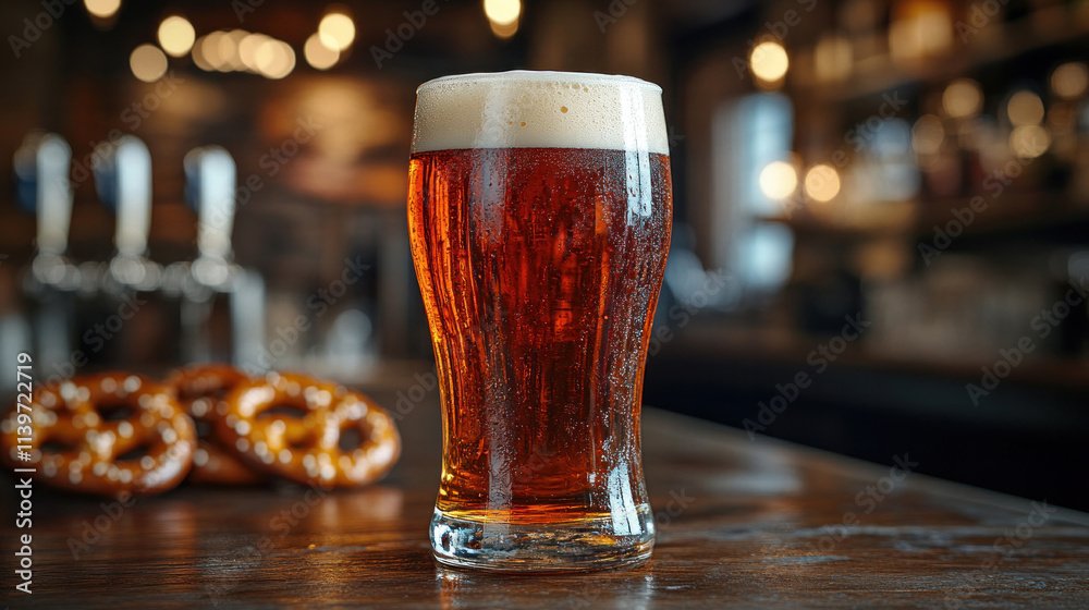 A frothy pint of amber ale served on a wooden bar counter with pretzels in the background A frothy pint of amber ale served on a wooden bar counter with pretzels in the background