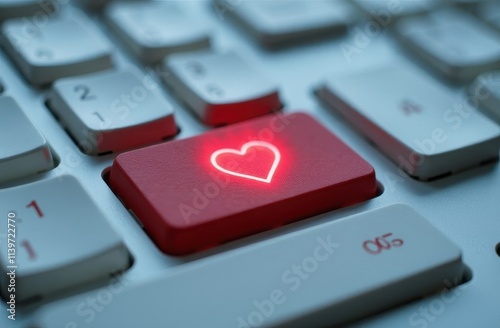 Red button with heart on white computer or laptop keyboard, valentine's day