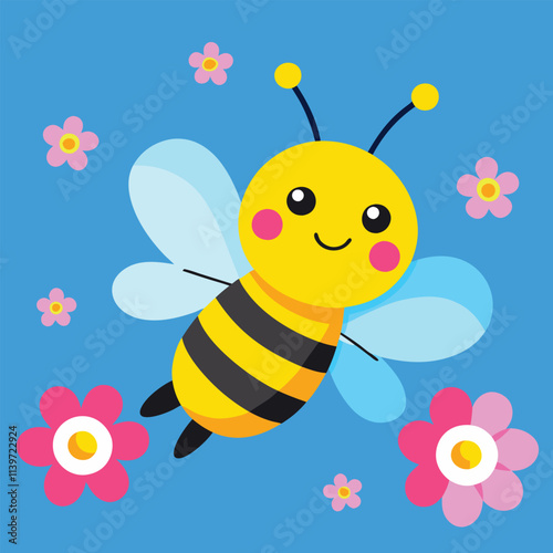 A cute yellow cartoon bee, a happy flying insect, gathers honey from a flower