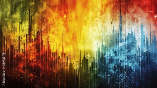 Abstract fiery and icy cityscape; vibrant color explosion.