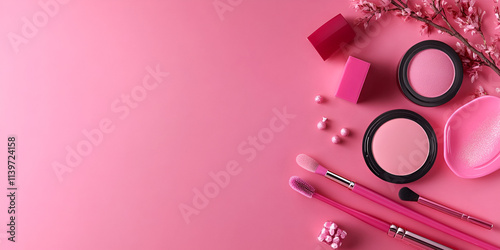 Cosmetic make up products on a pink background
