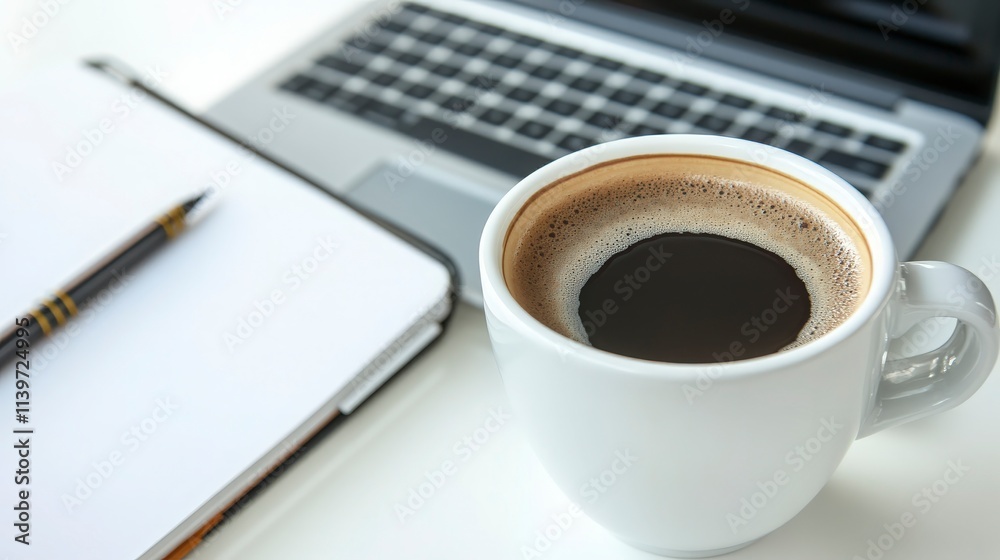 Cozy Workspace with a Fresh Cup of Coffee, Laptop, and Notepad on a Soft Surface for Productive Mornings and Creative Ideas in Office Life Cozy Workspace with a Fresh Cup of Coffee, Laptop, and Notepad on a Soft Surface for Productive Mornings and Creative Ideas in Office Life