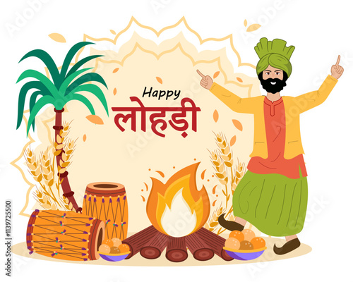 sikh playing lohri dance celebrating bonfire with drums happy lohri festival of punjab India 