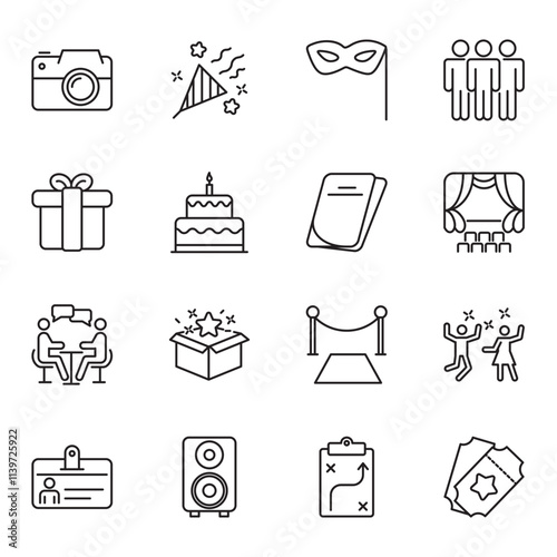 Event planning set of web icons in linear style. Event organisation icons for web and mobile app. Management, wedding, entertainment, catering, invitations, catering, coordination. Vector illustration