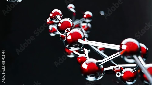 A detailed depiction of a molecular arrangement with metallic reflections and red accents, displayed against a striking black background, ideal for scientific or educational purposes concerning chemis photo