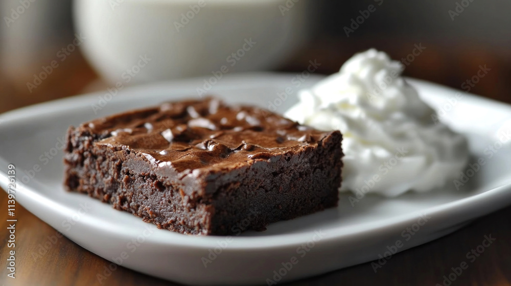 A paleo dessert of almond flour brownies served with coconut whipped cream A paleo dessert of almond flour brownies served with coconut whipped cream