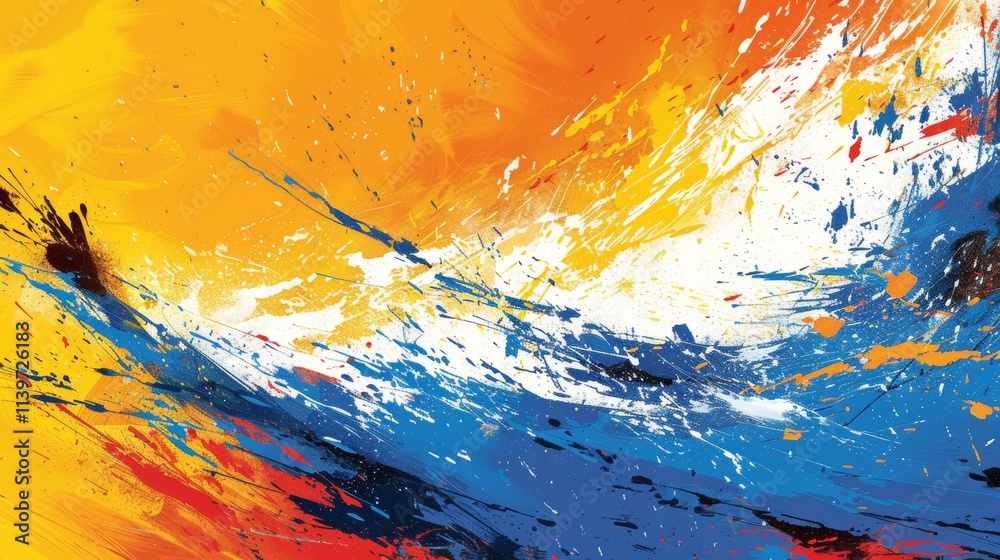 Abstract painting with dynamic brushstrokes in blue, white, orange, and red.