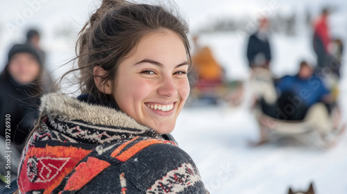 French tourist woman in inuit traditional clothing with dog sled towards an eskimo camp