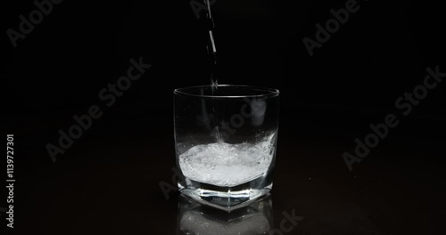Pure mineral water is poured into a transparent glass. Slow motion