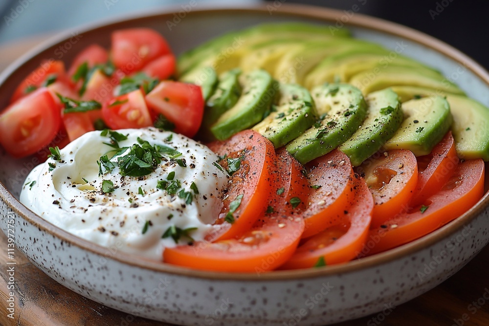 Healthy lunch, a bowl with avocado, yogurt and vegetables. Healthy lunch, a bowl with avocado, yogurt and vegetables.