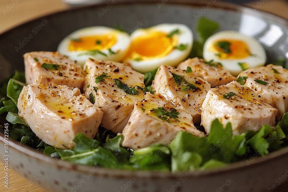 Healthy lunch salad with egg, tuna, olive oil and meat Healthy lunch salad with egg, tuna, olive oil and meat