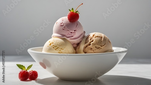 Three round balls of ice cream artfully arranged in a pure white bowl, on a white background.