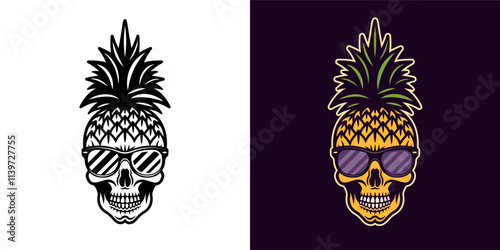Skull pineapple in sunglasses cartoon character, summer theme vector illustration in two styles, black on white and colored