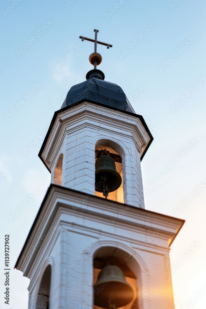A church bell on a steeple is illuminated by the soft light of sunset, with a pink sky and clouds adding a peaceful and sacred atmosphere. A church bell on a steeple is illuminated by the soft light of sunset, with a pink sky and clouds adding a peaceful and sacred atmosphere.