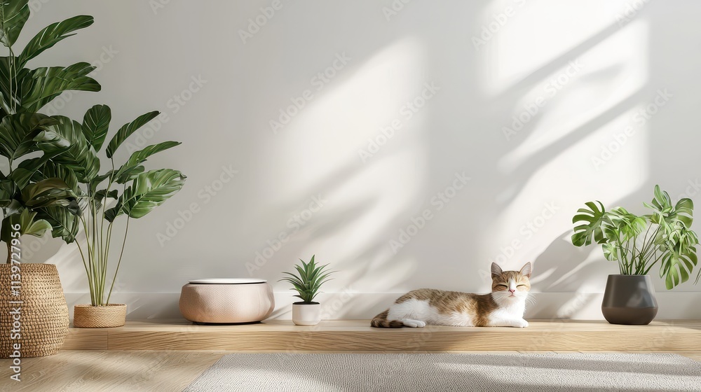 Cozy Indoor Living Space with Cat and Green Plants bathed in Soft Natural Light Cozy Indoor Living Space with Cat and Green Plants bathed in Soft Natural Light