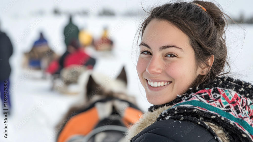 French tourist woman in inuit traditional clothing with dog sled towards an eskimo camp French tourist woman in inuit traditional clothing with dog sled towards an eskimo camp