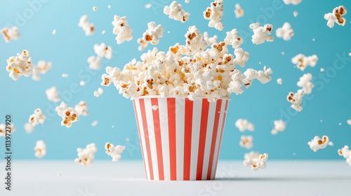 Popcorn Explosion: A burst of fluffy popcorn leaps from a classic red and white striped bucket against a vibrant blue backdrop.  The perfect image for movie nights, snack time. photo