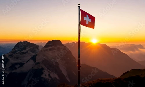 Swiss flag waving on a mountain peak at sunrise with fog in the valley.