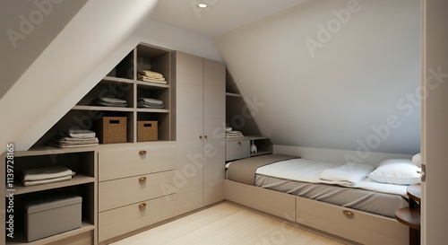 A small, attic-style bedroom with a built-in closet system.  The room has a sloping ceiling and the walls and built-in furniture are a light taupe or beige color.