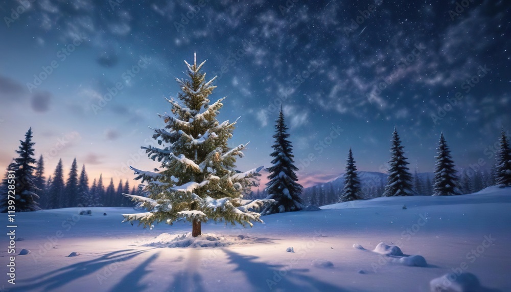 Snow-covered Christmas tree against a blue winter sky with snowflakes gently falling, calm environment, peaceful scene, blue holiday landscape Snow-covered Christmas tree against a blue winter sky with snowflakes gently falling, calm environment, peaceful scene, blue holiday landscape