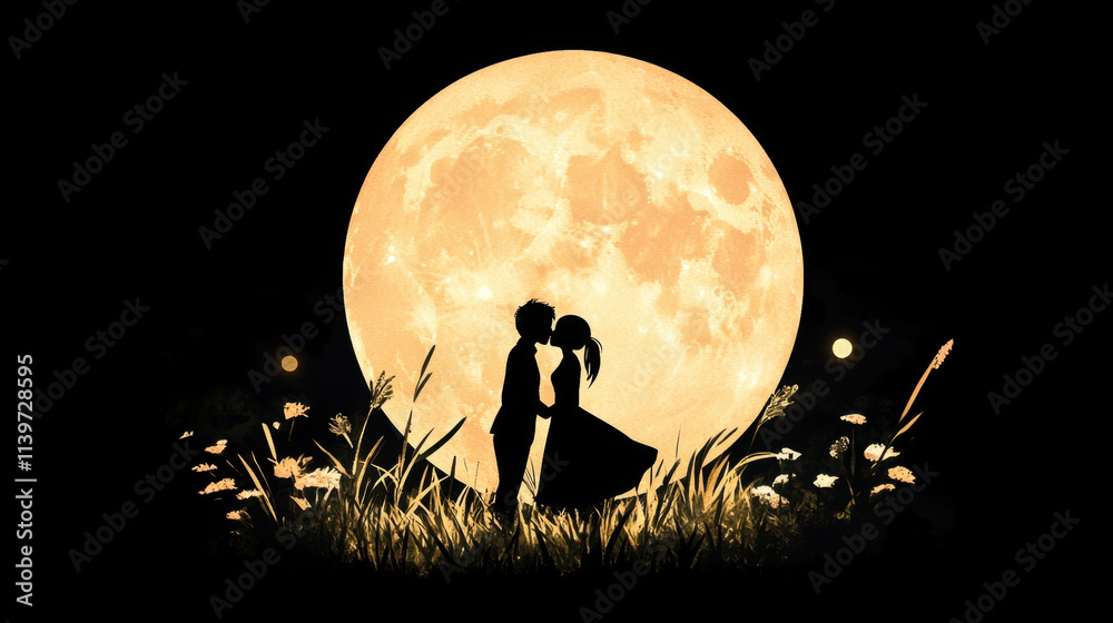 Obraz premium A silhouette of a couple sharing a kiss on a hilltop. romance, heart, illustration,
