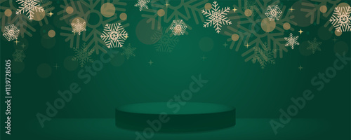 Snowflakes and podium stage dark green gradient  background in Christmas studio, Room with golden snow falling backdrop with beautiful bokeh for New Year or winter promotion products.