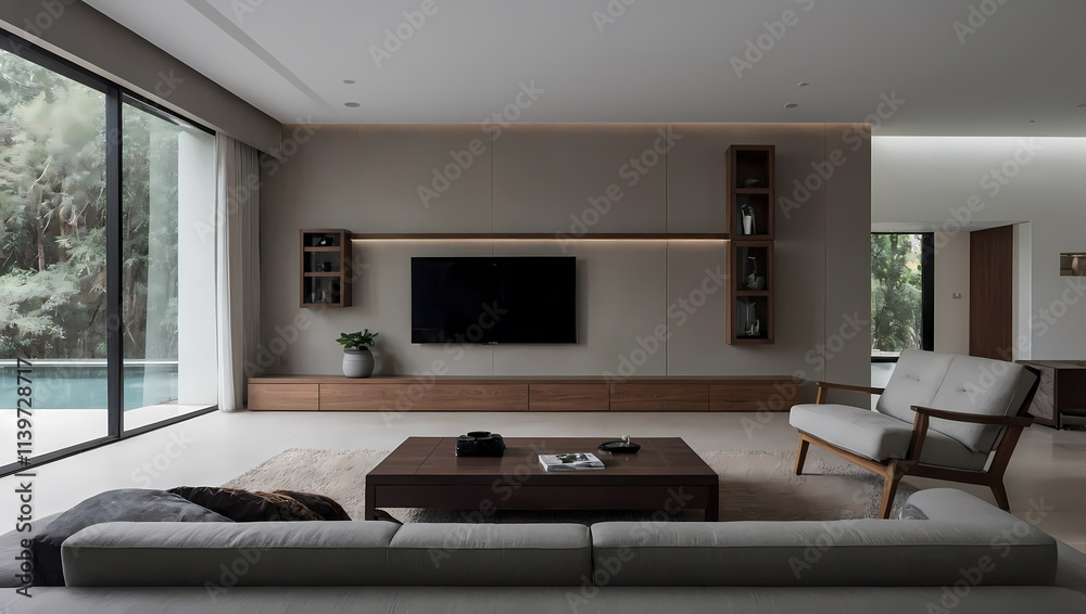 Modern living room featuring a sleek sofa, wooden coffee table, wall-mounted TV, and large windows with natural light. Modern living room featuring a sleek sofa, wooden coffee table, wall-mounted TV, and large windows with natural light.