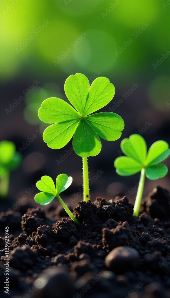 Naklejka premium Clover seeds germinate on dark soil with roots, flowers, soil, growth