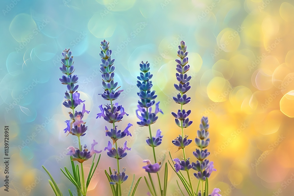 Obraz premium Captivating view of a vibrant french lavender field under the enchanting hues of a sunset, meadow of speedwell flowers close up, Afternoon time, vibrant color, Close up of lavender flowers.