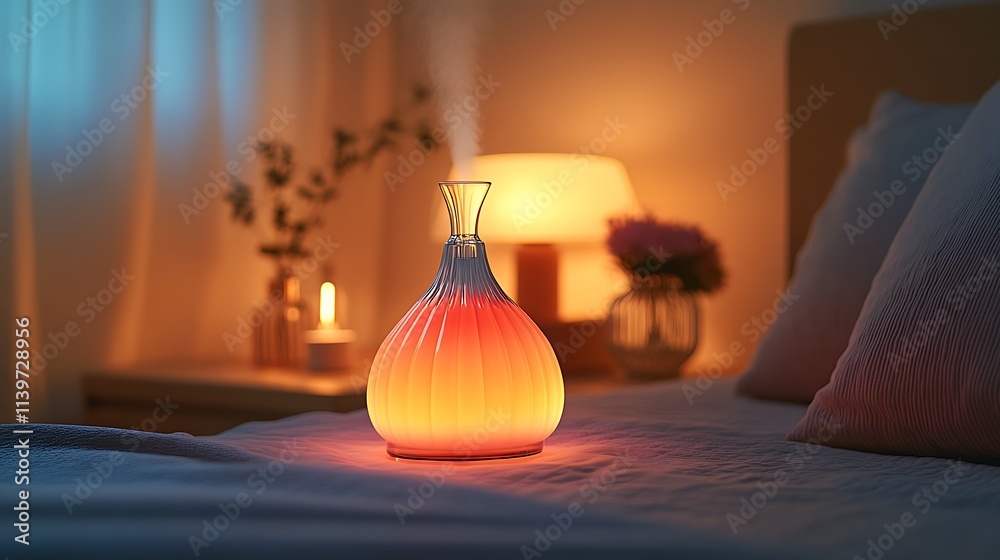 A glass aromatherapy diffuser with glowing LED lights cycling through calming colors, placed on a bedside table surrounded by cozy decor, soft shadows adding warmth to the atmosphere, hd quality, A glass aromatherapy diffuser with glowing LED lights cycling through calming colors, placed on a bedside table surrounded by cozy decor, soft shadows adding warmth to the atmosphere, hd quality,