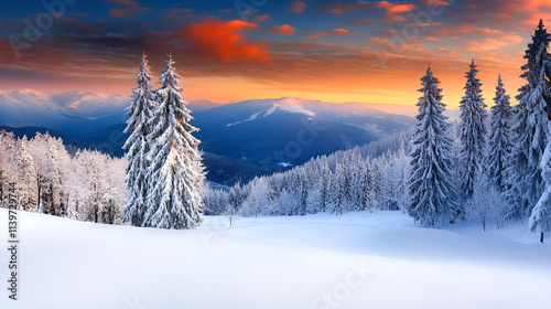 Winter landscape featuring snow-covered pine trees and majestic mountains during a vibrant sunset