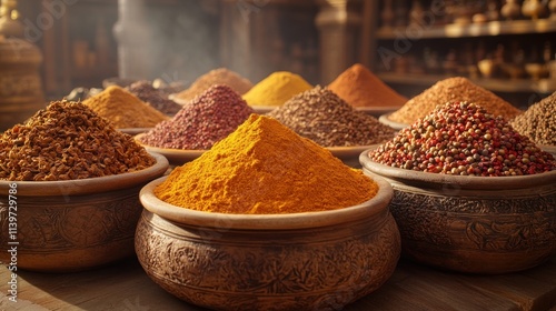 Fototapeta Naklejka Na Ścianę i Meble -  Aromatic spice powders in bowls at a market.