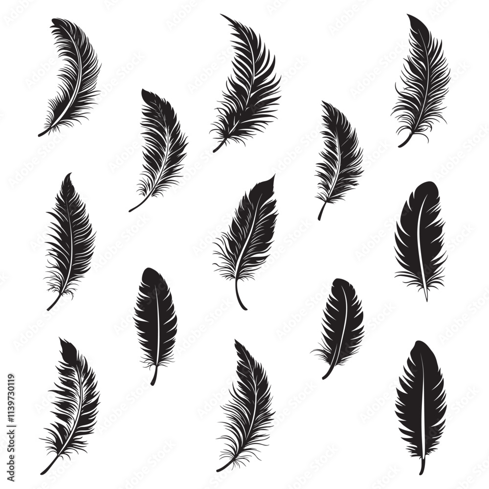 Feather icons vector set. Bird feather silhouette illustration isolated on white background Feather icons vector set. Bird feather silhouette illustration isolated on white background