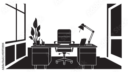 Modern office workplace. A minimalist black and white vector illustration of an office setup, office desk.