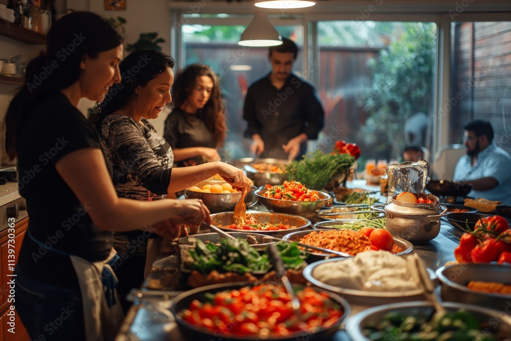 A family gathered around a kitchen, joyfully preparing a meal together with fresh ingredients in a cozy, homey environment. A family gathered around a kitchen, joyfully preparing a meal together with fresh ingredients in a cozy, homey environment.