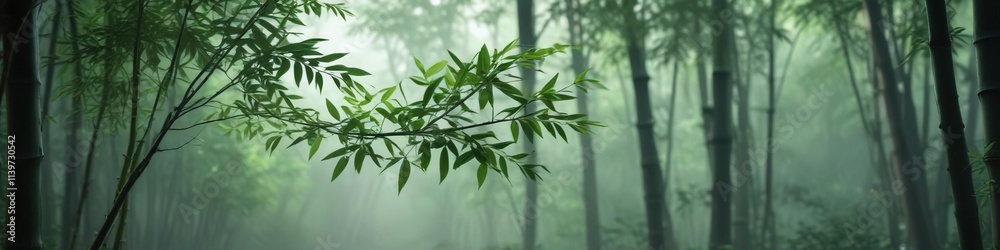 A serene bamboo branch with lush green leaves and delicate nodes in a misty forest environment, landscape, outdoor, bamboo branch A serene bamboo branch with lush green leaves and delicate nodes in a misty forest environment, landscape, outdoor, bamboo branch