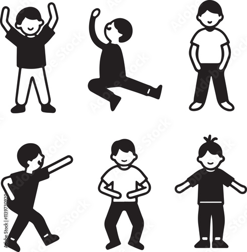 Funny cartoon businessmen and businesswomen icons in silhouette vector sets illustrate people at work, running, dancing, and even evolution from baby to adult