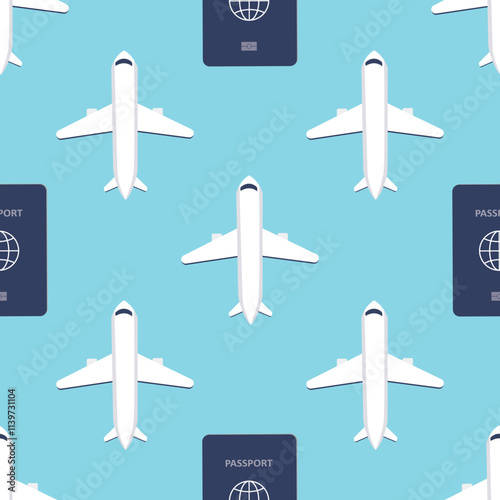 Seamless pattern with airplane and passport. Tourist flight banner. Texture, wallpaper template. Vacation or travel background.