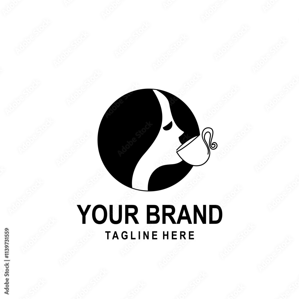 logo of woman drinking coffee in a circle in black and white logo of woman drinking coffee in a circle in black and white