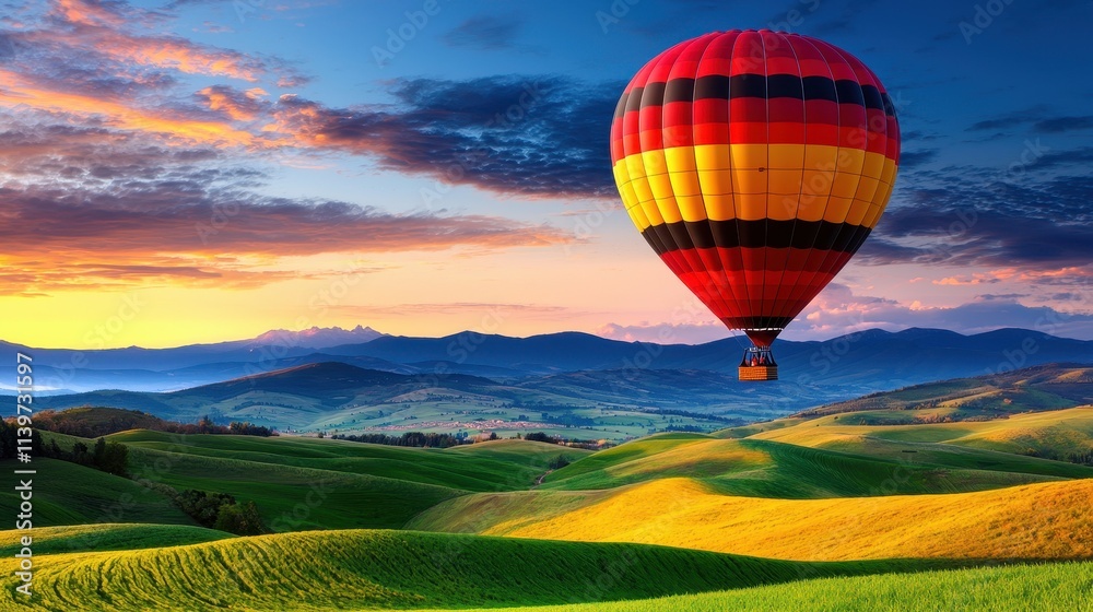 Fototapeta premium Colorful Hot Air Balloon Floating Over Vibrant Green Hills at Sunset in Beautiful Landscape