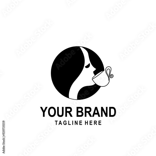 logo of woman drinking coffee in a circle in black and white