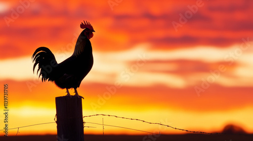 bold black rooster silhouette perched on fence against vibrant sunset sky, showcasing beauty of nature and rural life photo