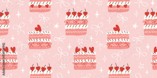 Vintage hand drawn coquette seamless pattern with cakes, cherry hearts and bows. Cute background for Valentine's day, wedding decor, birthday. Modern trendy print for wrapping paper, fabric, textile.