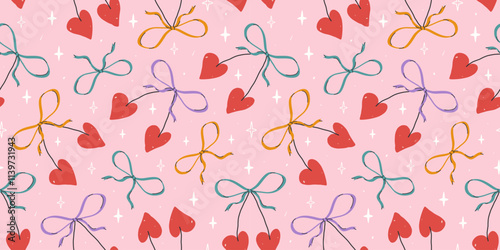 Vector hand drawn coquette seamless pattern with cherry hearts and colorful bows. Cute girly background. Modern trendy print  for wrapping paper, holiday decor, packaging, fabric, textile.