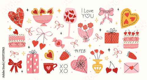 Valentine's day hand drawn sticker elements set. Trendy vintage doodle illustration. Design concept for 14 February. Pizza in heart, gifts, bows, hearts, sweet cakes, cherry, flowers, strawberry.