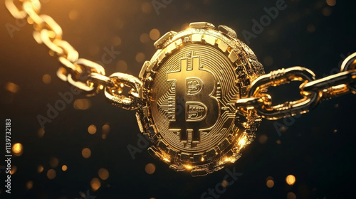 Gleaming golden Bitcoin logo surrounded by shining chain, symbolizing wealth and technology. image captures essence of cryptocurrency and digital finance