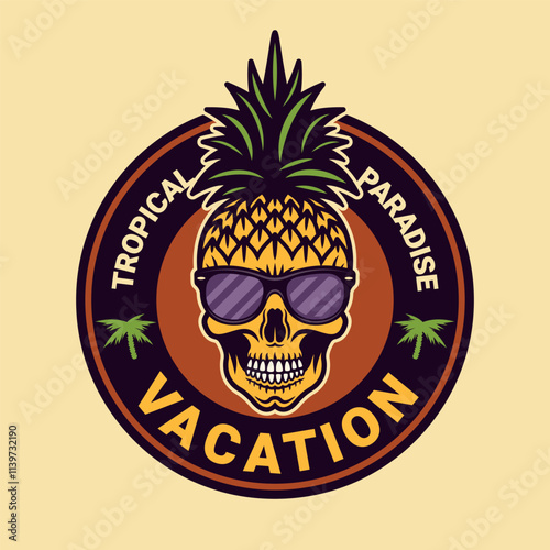 Skull pineapple cartoon character, summer theme vector round emblem in colored style on light background